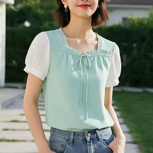 甜美純色拼接上衣